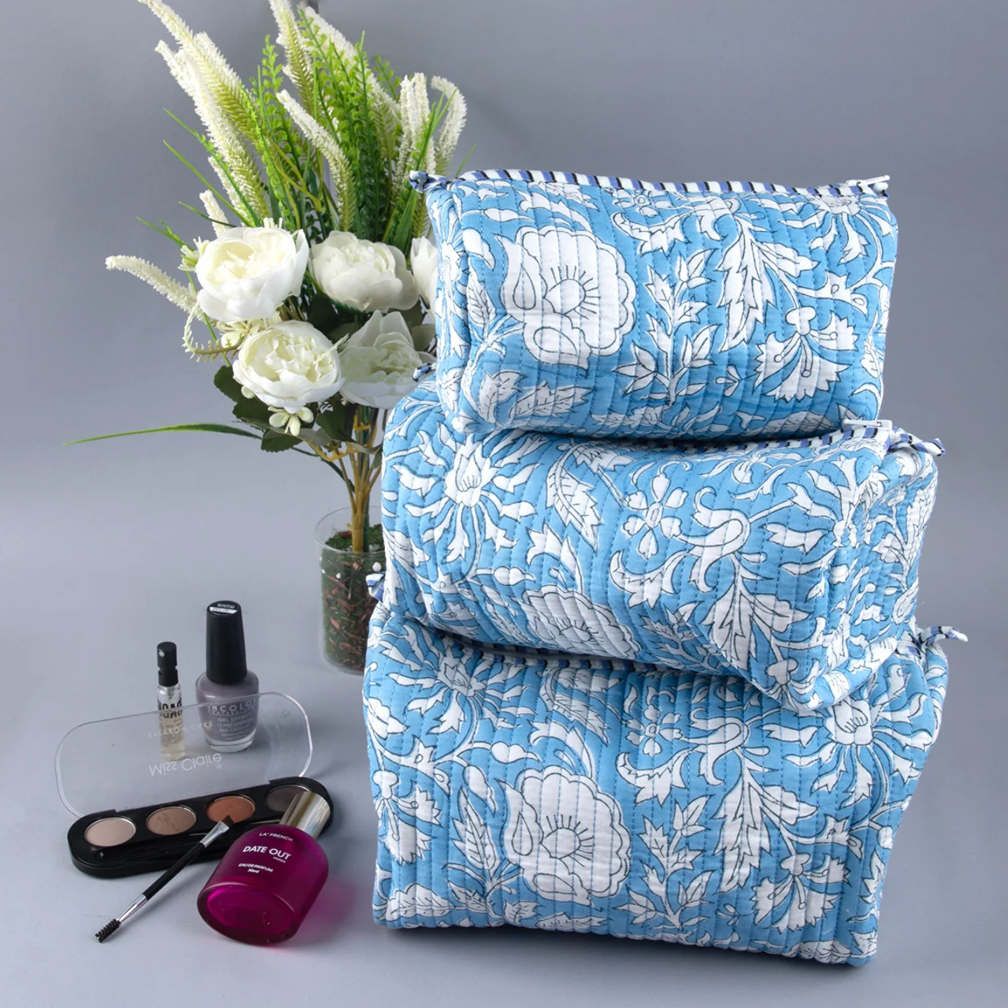 Ayuda Homes - Baby Blue Quilted Pouches (Set of 3) - Totally Indian