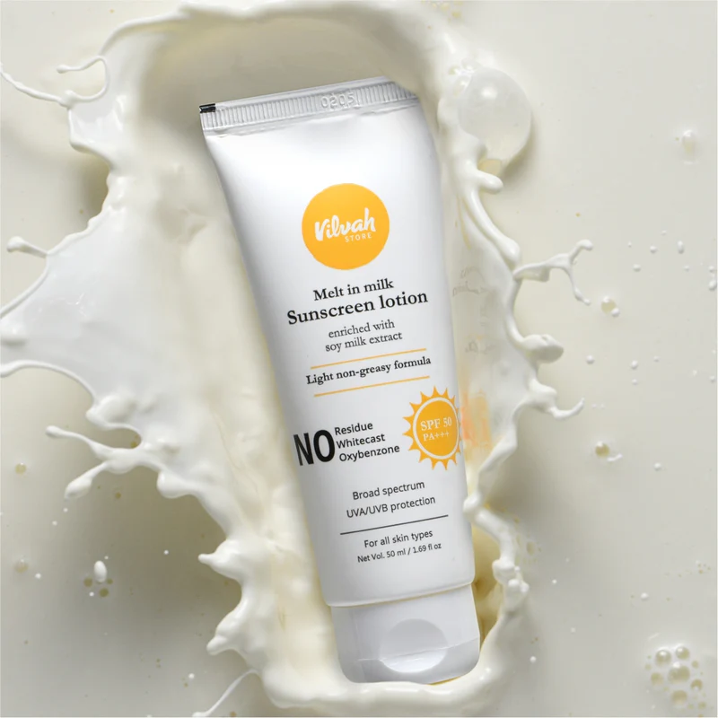 Vilvah Melt-In-Milk Sunscreen SPF 50 PA+++ | No White Cast, Water-Resistant Sunscreen | Hydrating, Lightweight, Non-Greasy | UVA & UVB Protection with Natural UV Filters & Soy Milk Extract | Unisex, For All Skin Types | Indian product Online Shopping Store