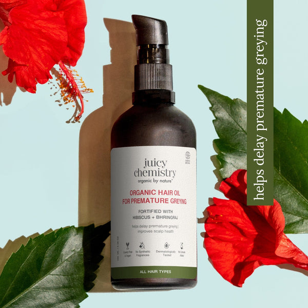 Juicy Chemistry Hair Oil for Premature Greying Fortified with Hibiscus + Bhringaraj | Indian product Online Shopping Store