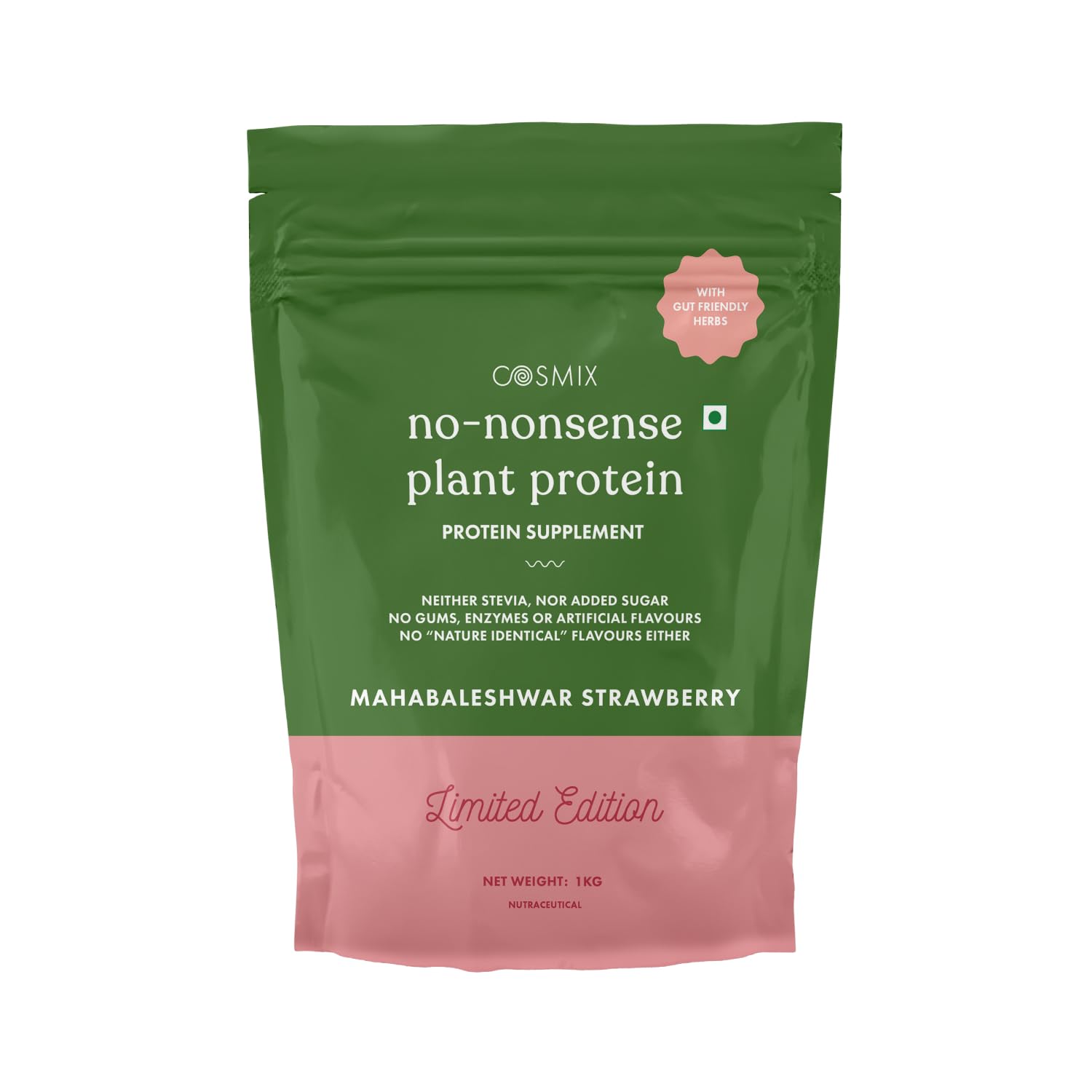 Cosmix No-Nonsense Plant Protein | 23 Protein/Serve | Mahabaleshwar Strawberry | Plant Based Protein, Pea & Rice Isolate | Clean, Easy to Digest | All Essential Amino Acids | Indian product Online Shopping Store