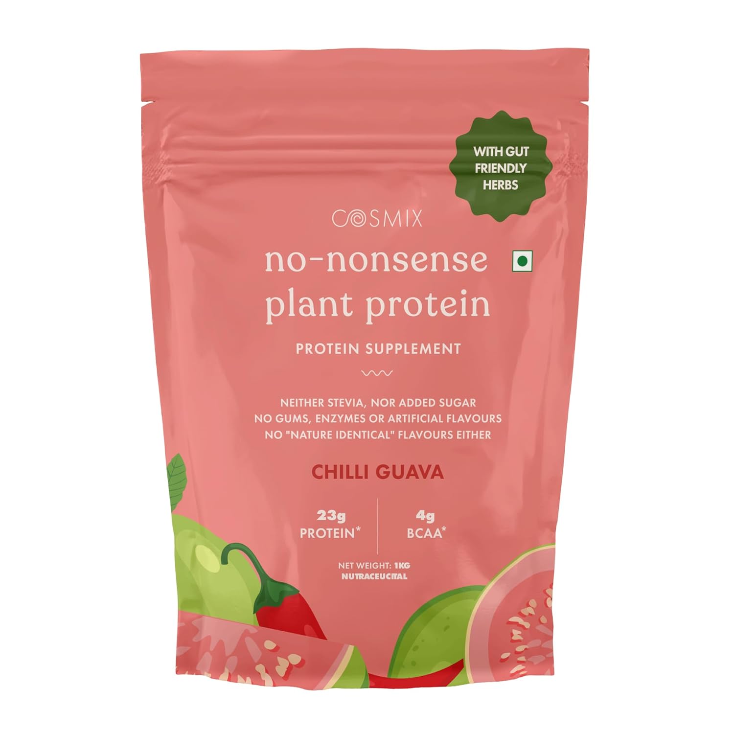 Cosmix No-Nonsense Plant Protein | 23g Plant Protein/Serve| Chilli Guava | Clean Vegan Protein | Gut-Friendly | Easy to Digest | All Essential Amino Acids |Made with Real Guntur Chilli | Indian product Online Shopping Store