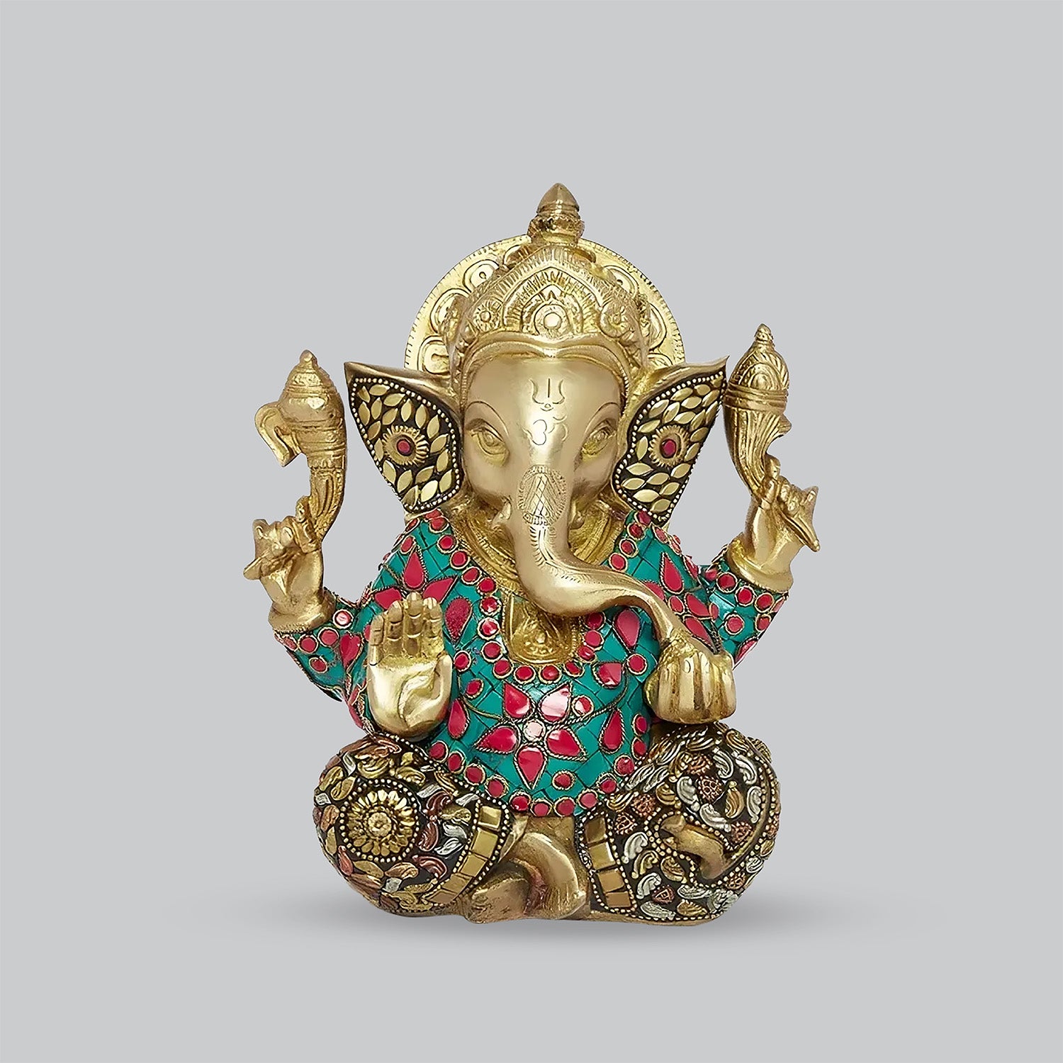 Brass Ganesha in Floral Stonework 8 in_1 | Indian product Online Shopping Store