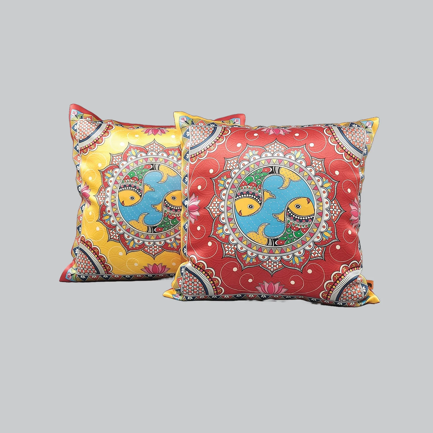 Madhubani Satin Cushion Covers - 16 in x 16 in - Set of 2_1 | Indian product Online Shopping Store