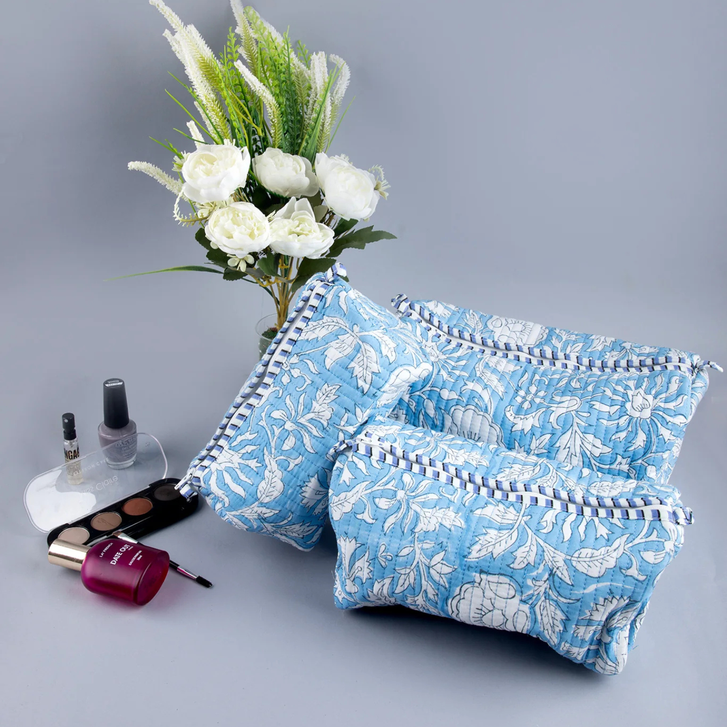 Ayuda Homes - Baby Blue Quilted Pouches (Set of 3) - Totally Indian