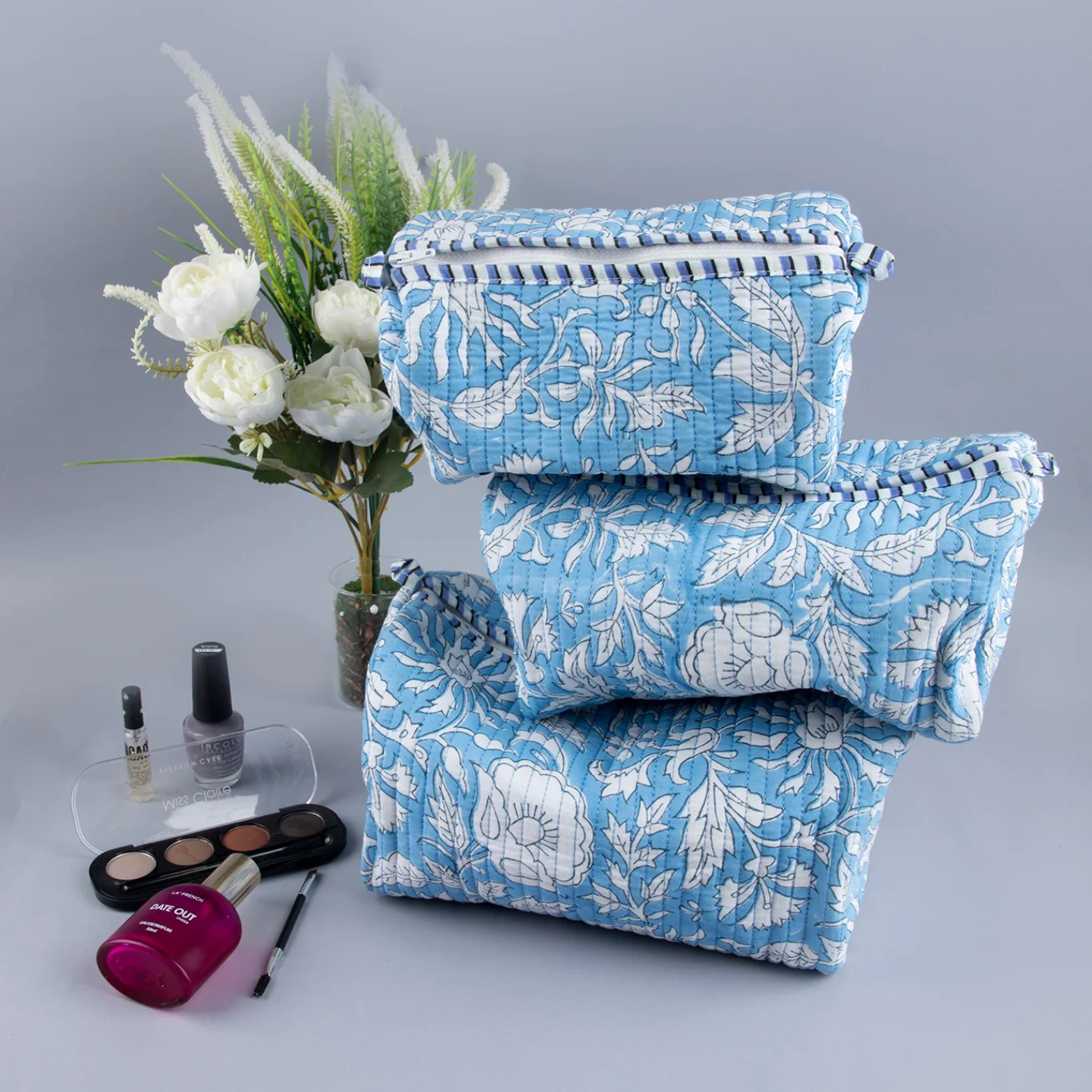 Ayuda Homes - Baby Blue Quilted Pouches (Set of 3) - Totally Indian