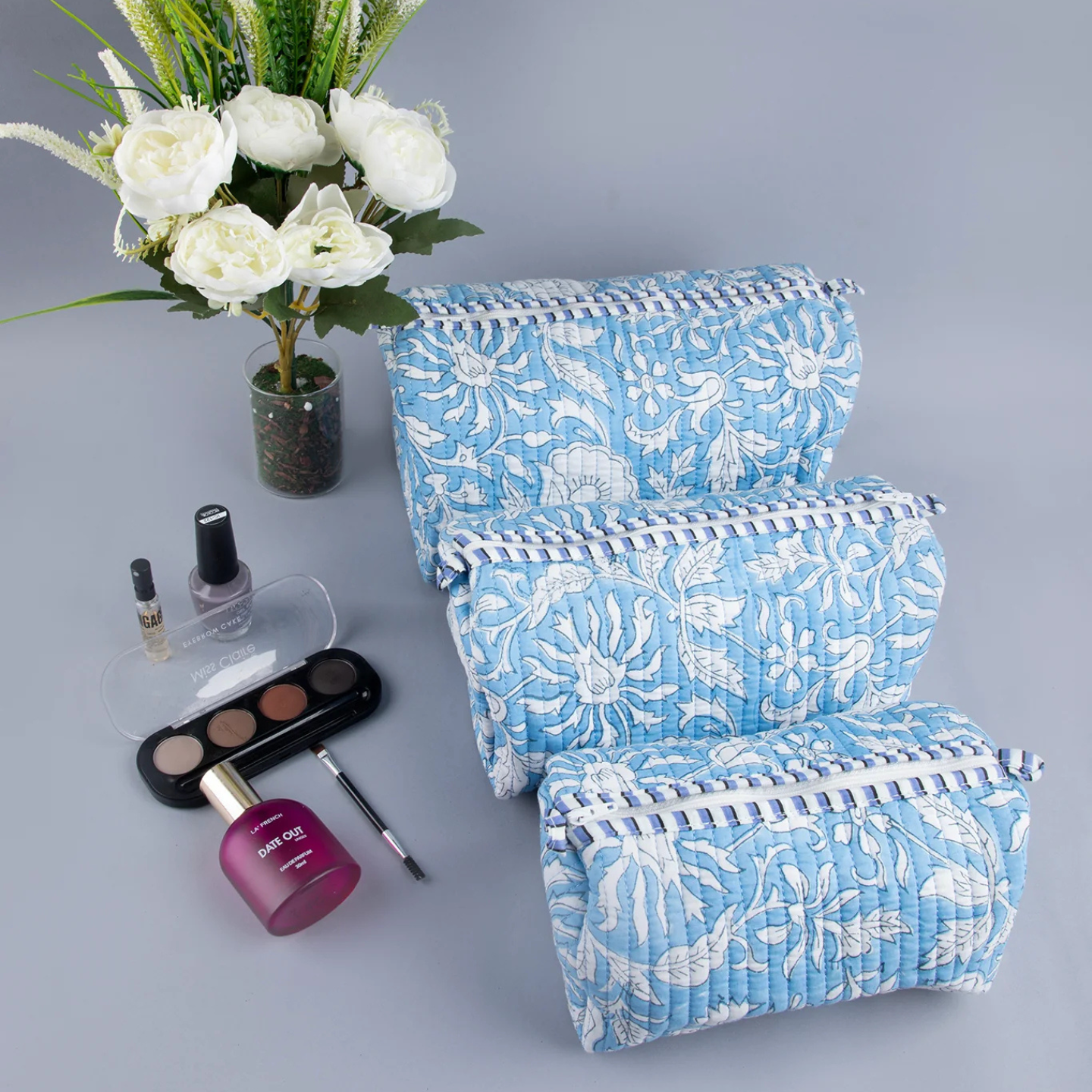 Ayuda Homes - Baby Blue Quilted Pouches (Set of 3) - Totally Indian