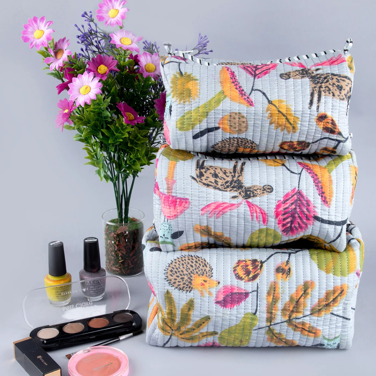 Ayuda Homes - Jungle Bloom Quilted Pouches (Set of 3) - Totally Indian