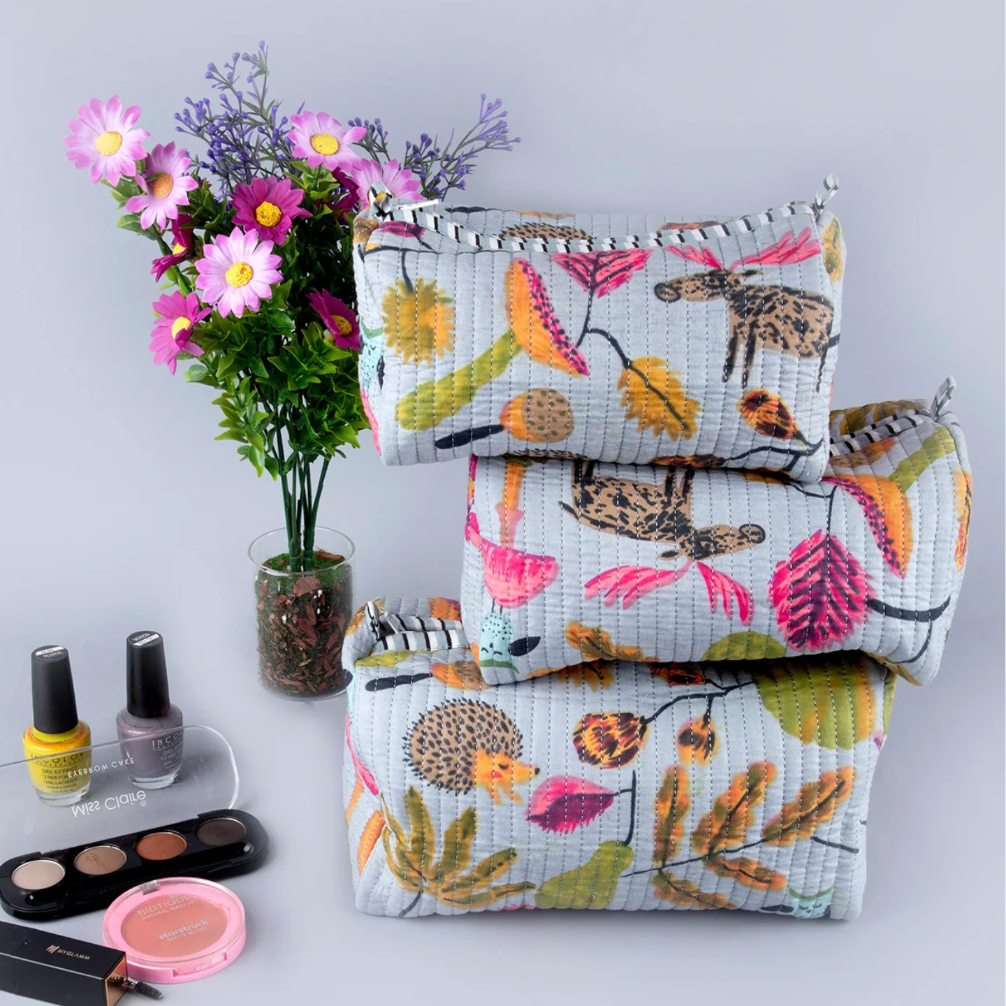 Ayuda Homes - Jungle Bloom Quilted Pouches (Set of 3) - Totally Indian
