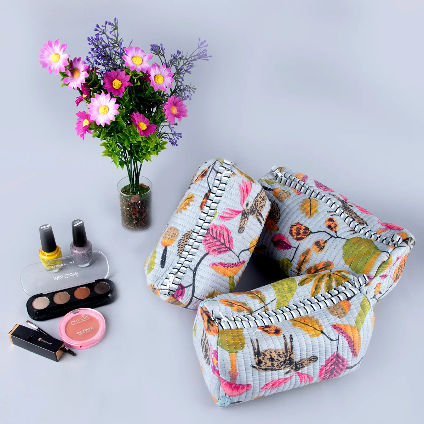 Ayuda Homes - Jungle Bloom Quilted Pouches (Set of 3) - Totally Indian