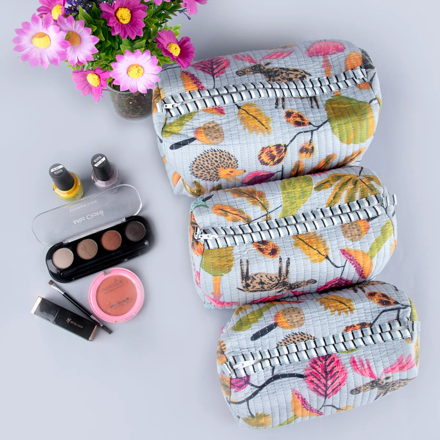 Ayuda Homes - Jungle Bloom Quilted Pouches (Set of 3) - Totally Indian