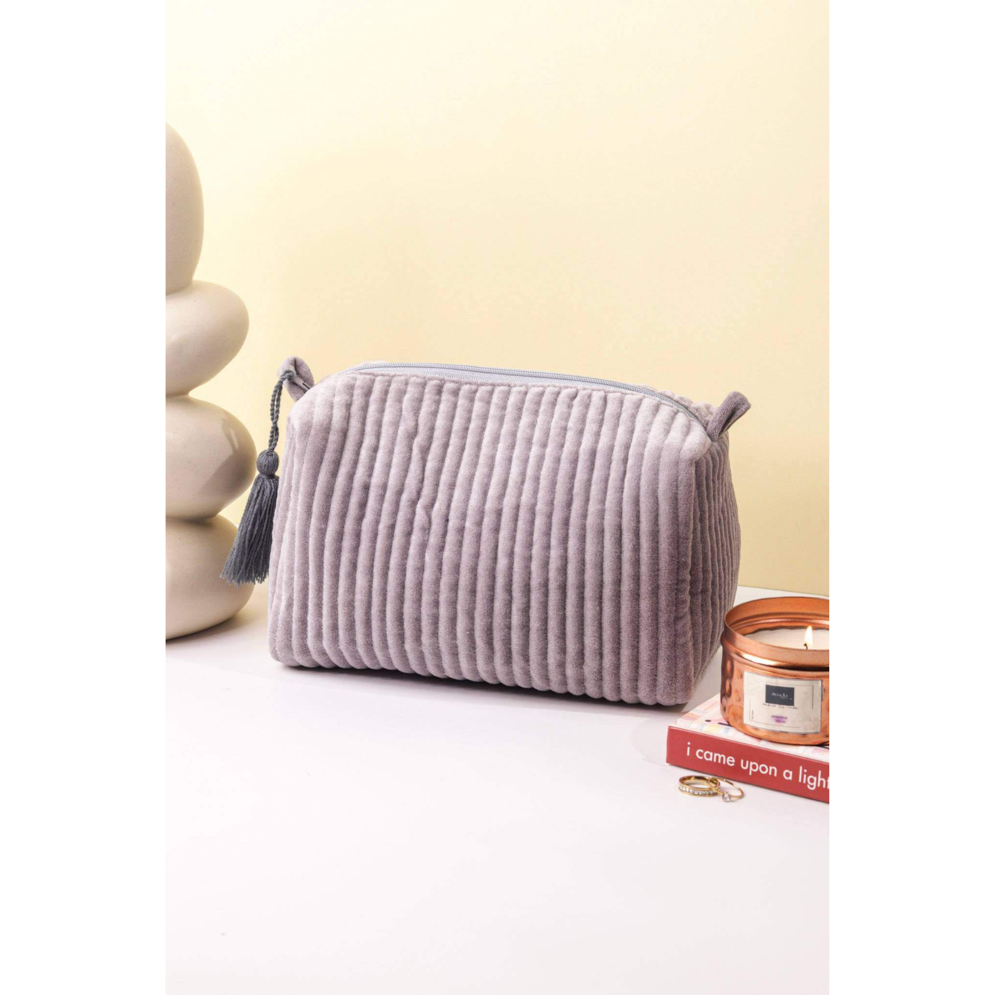 Ayuda Homes - Velvet Quilted Pouch - Gray - Totally Indian