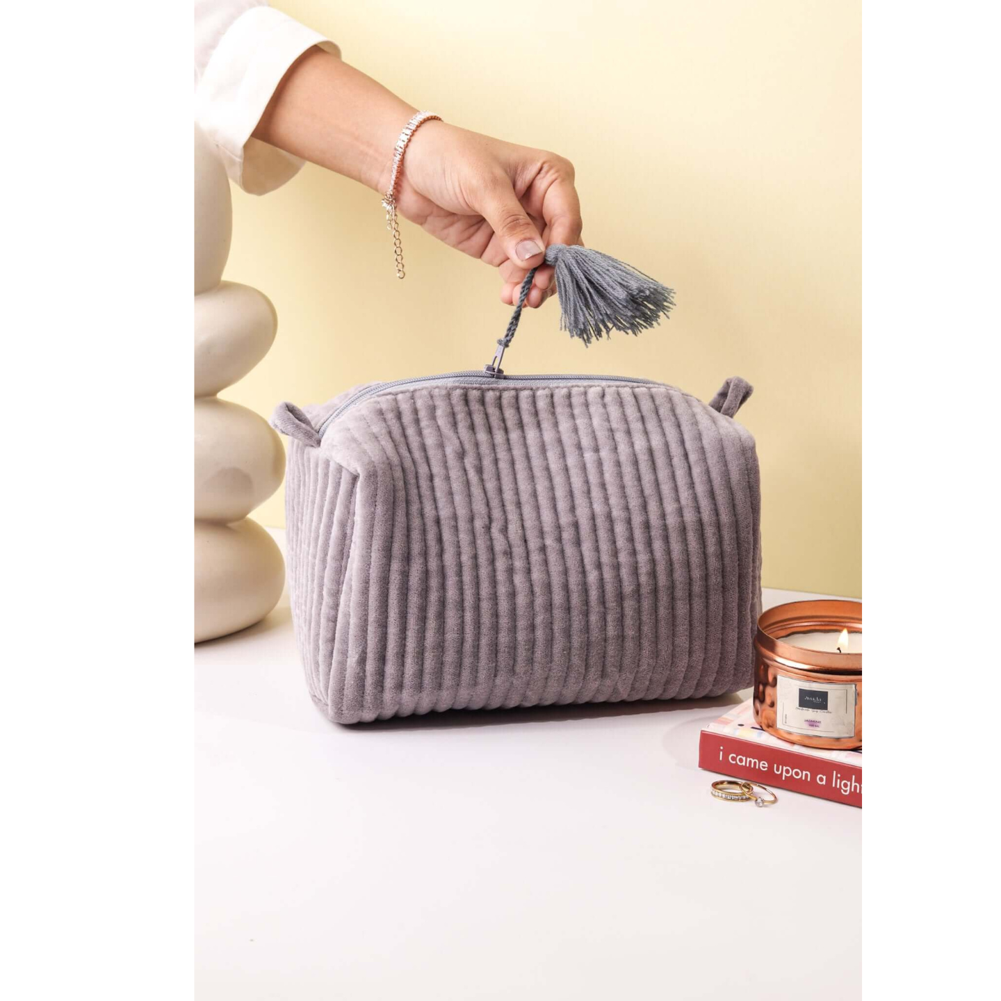 Ayuda Homes - Velvet Quilted Pouch - Gray - Totally Indian