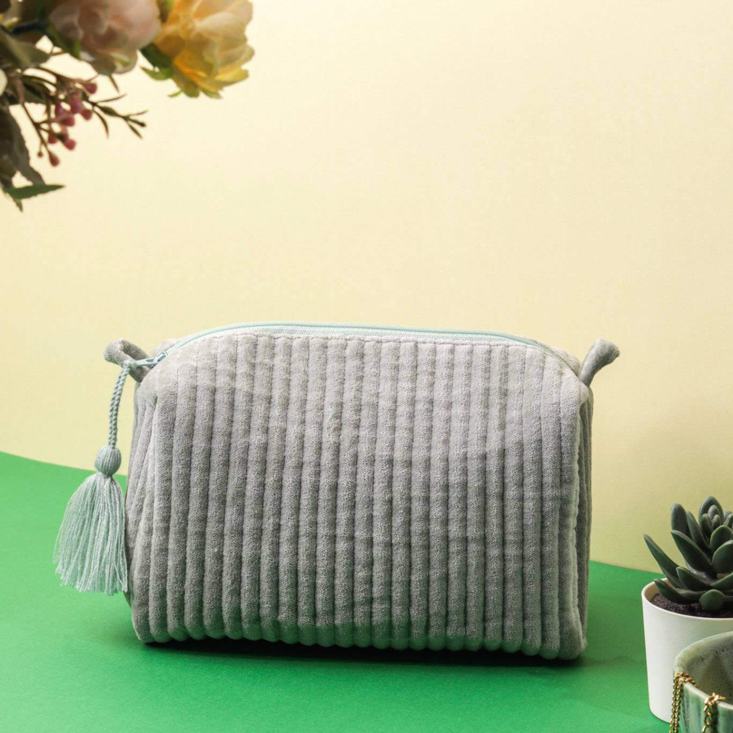 Ayuda Homes - Velvet Quilted Pouch - Mint Green - Totally Indian