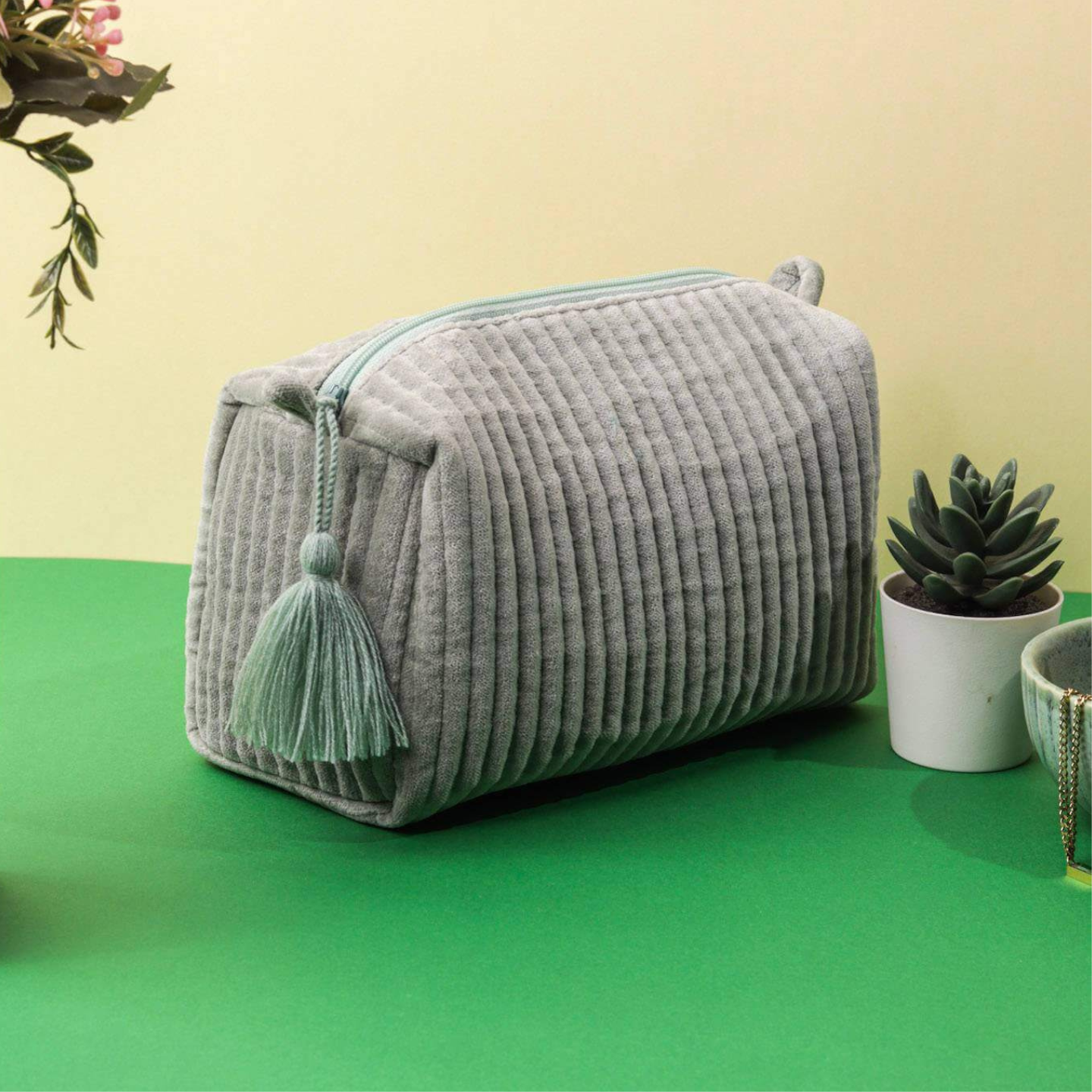Ayuda Homes - Velvet Quilted Pouch - Mint Green - Totally Indian