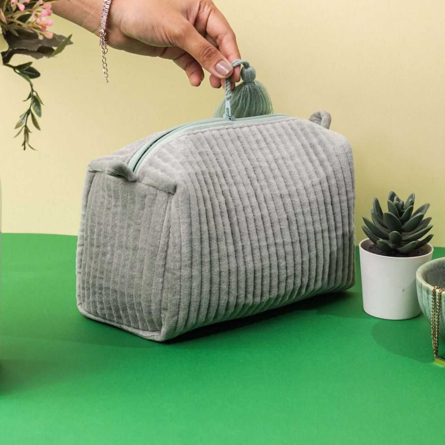 Ayuda Homes - Velvet Quilted Pouch - Mint Green - Totally Indian
