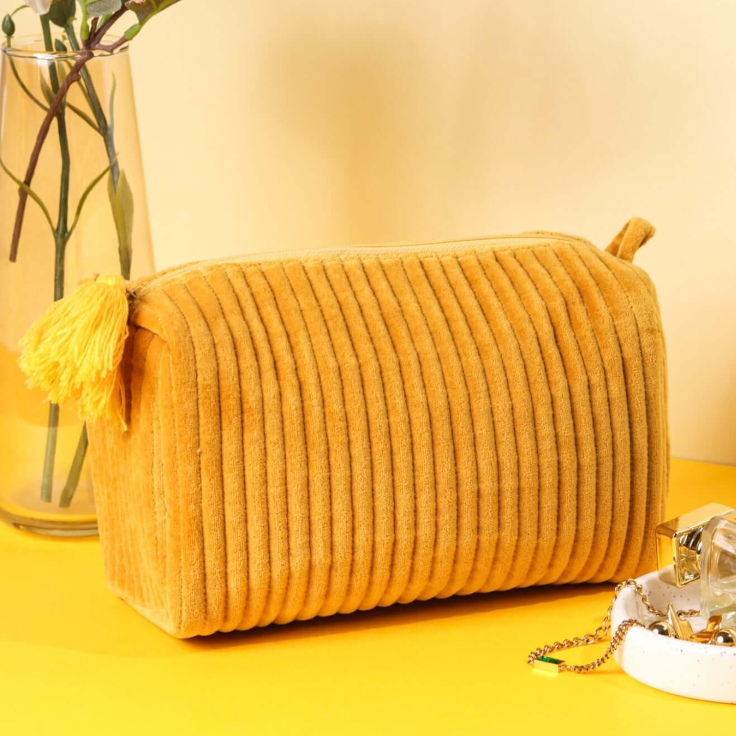 Ayuda Homes - Velvet Quilted Pouch - Mustard - Totally Indian
