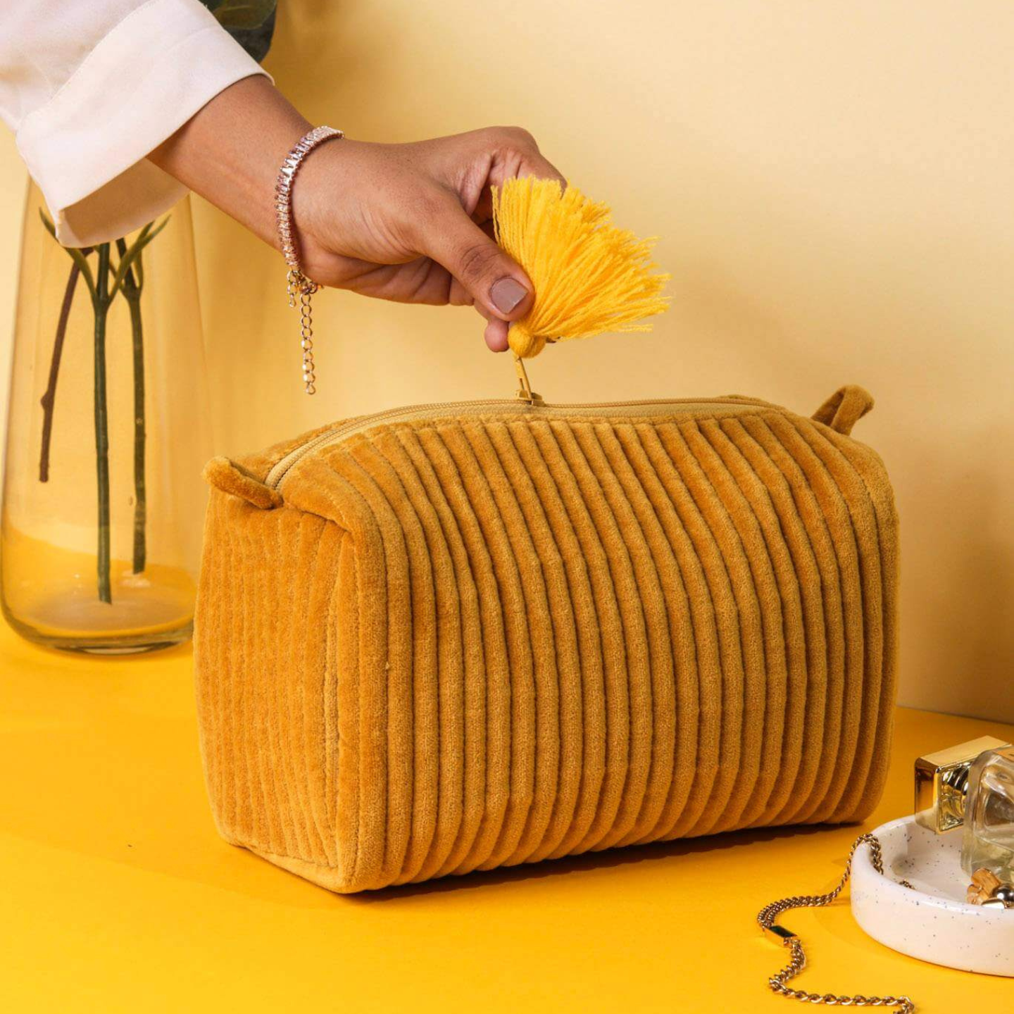 Ayuda Homes - Velvet Quilted Pouch - Mustard - Totally Indian