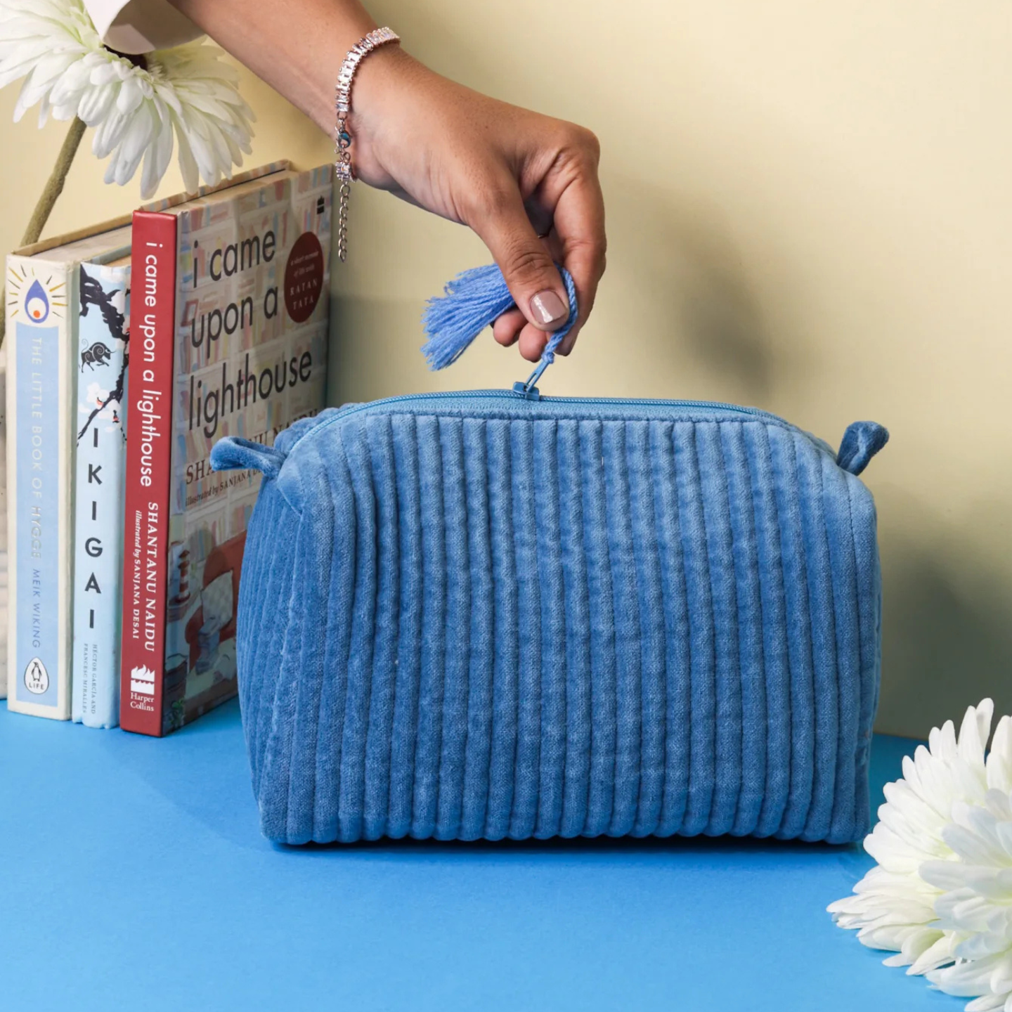 Ayuda Homes - Velvet Quilted Pouch - Navy - Totally Indian